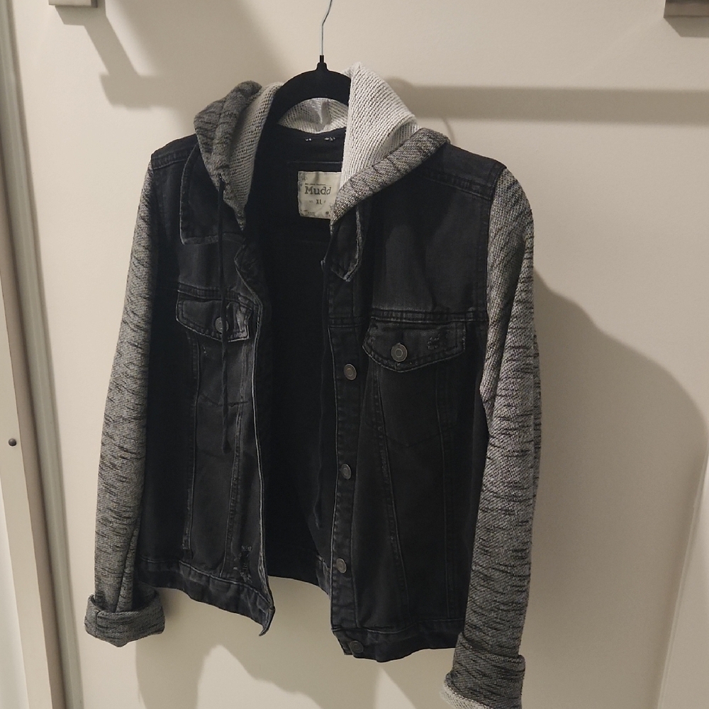 Mudd Black and Gray Jean Jacket with Knit Sleeves